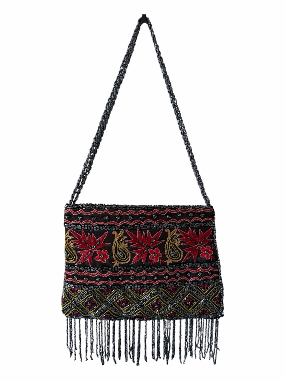 Vintage Hand Beaded Embroidered Floral Fringe Shoulder Bag Boho Folk Art Purse